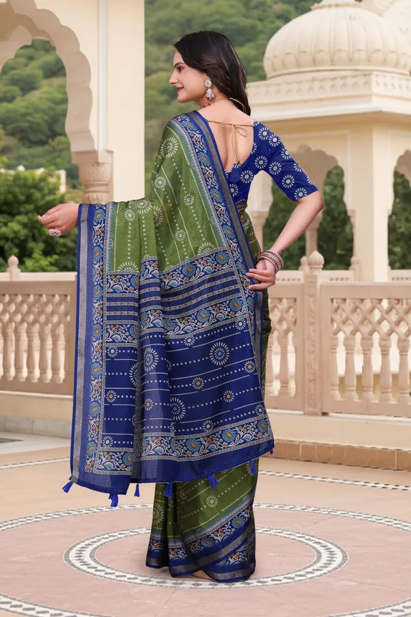 FLUIT_LESVETEMENTS_Geometric_Print_Bandhani_Muslin_Saree_with_Unstitched_Blouse_(Dark_Green)