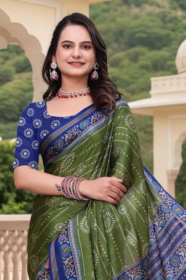 FLUIT_LESVETEMENTS_Geometric_Print_Bandhani_Muslin_Saree_with_Unstitched_Blouse_(Dark_Green)