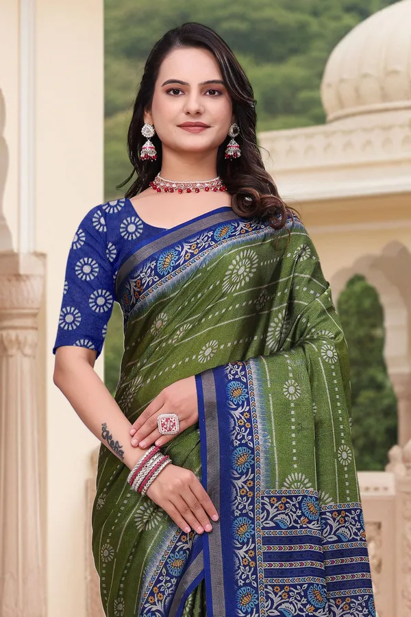 FLUIT_LESVETEMENTS_Geometric_Print_Bandhani_Muslin_Saree_with_Unstitched_Blouse_(Dark_Green)