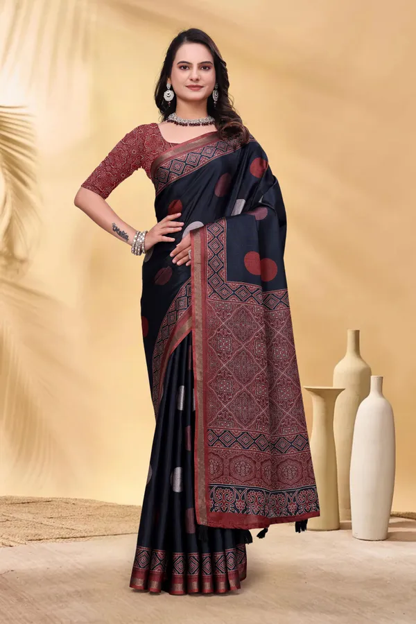 FLUIT_LESVETEMENTS_Geometric_Print_Bandhani_Muslin_Saree_with_Unstitched_Blouse_(Black)