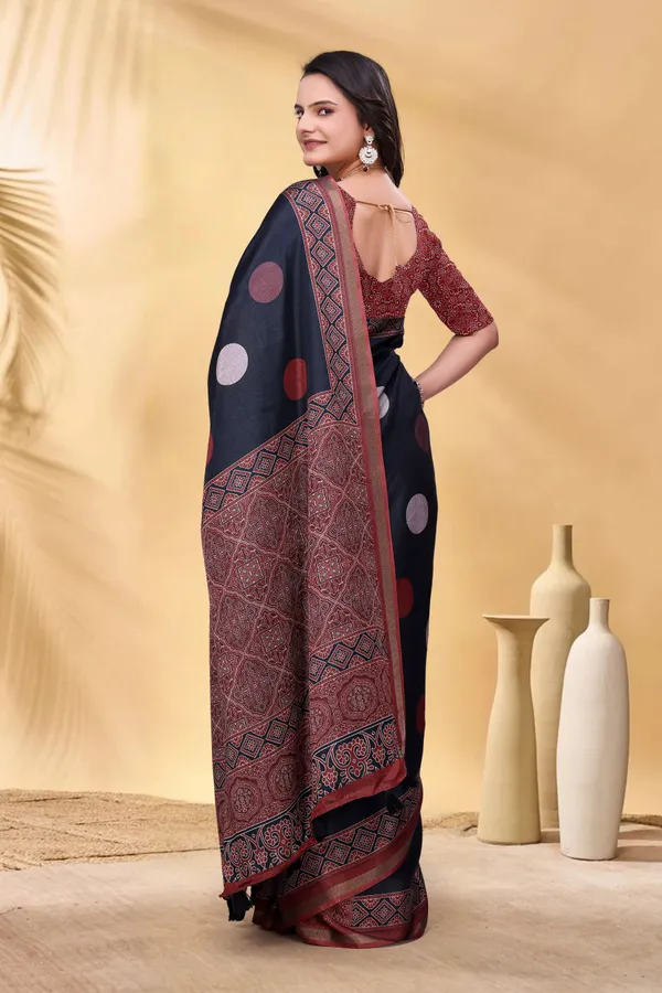 FLUIT_LESVETEMENTS_Geometric_Print_Bandhani_Muslin_Saree_with_Unstitched_Blouse_(Black)