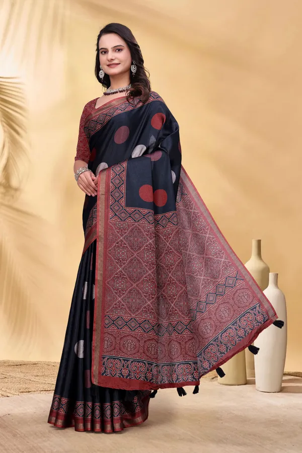 FLUIT_LESVETEMENTS_Geometric_Print_Bandhani_Muslin_Saree_with_Unstitched_Blouse_(Black)