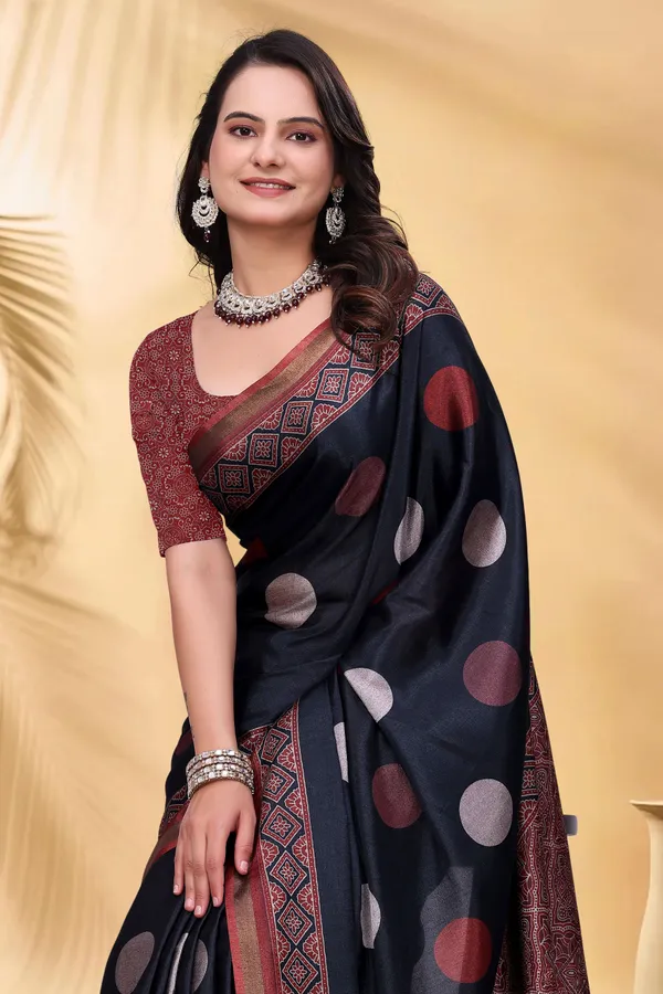 FLUIT_LESVETEMENTS_Geometric_Print_Bandhani_Muslin_Saree_with_Unstitched_Blouse_(Black)