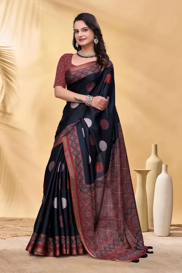FLUIT_LESVETEMENTS_Geometric_Print_Bandhani_Muslin_Saree_with_Unstitched_Blouse_(Black)