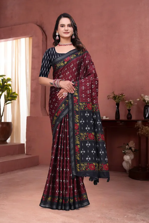 FLUIT_LESVETEMENTS_Geometric_Print_Bandhani_Muslin_Saree_with_Unstitched_Blouse_(Maroon)