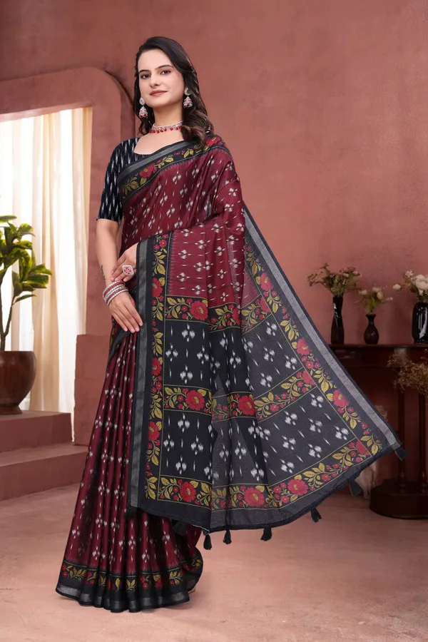 FLUIT_LESVETEMENTS_Geometric_Print_Bandhani_Muslin_Saree_with_Unstitched_Blouse_(Maroon)