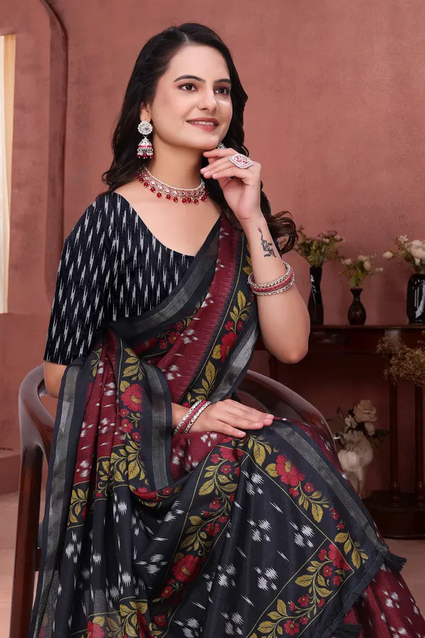 FLUIT_LESVETEMENTS_Geometric_Print_Bandhani_Muslin_Saree_with_Unstitched_Blouse_(Maroon)