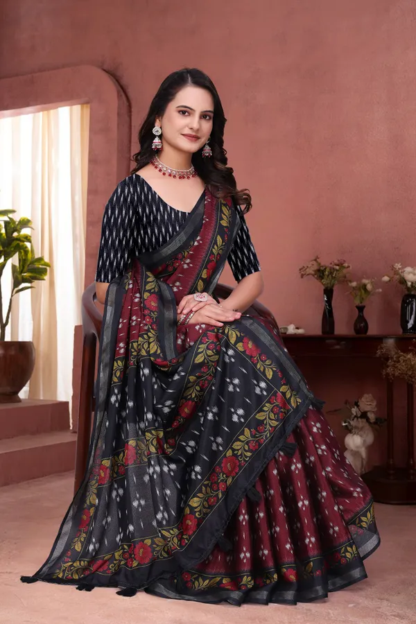 FLUIT_LESVETEMENTS_Geometric_Print_Bandhani_Muslin_Saree_with_Unstitched_Blouse_(Maroon)