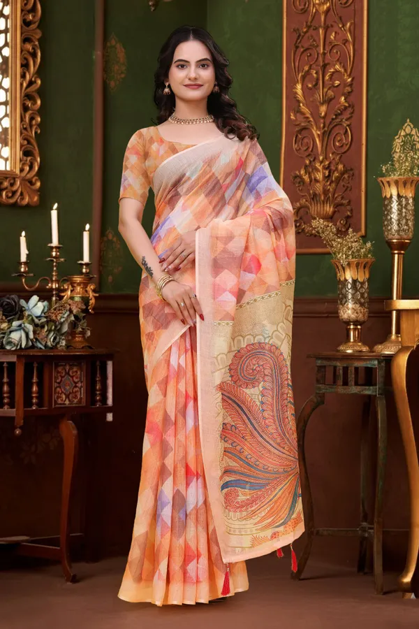 FLUIT_LESVETEMENTS_Geometric_Print_Bollywood_Cotton_Linen_Saree_with_Unstitched_Blouse_(Orange)