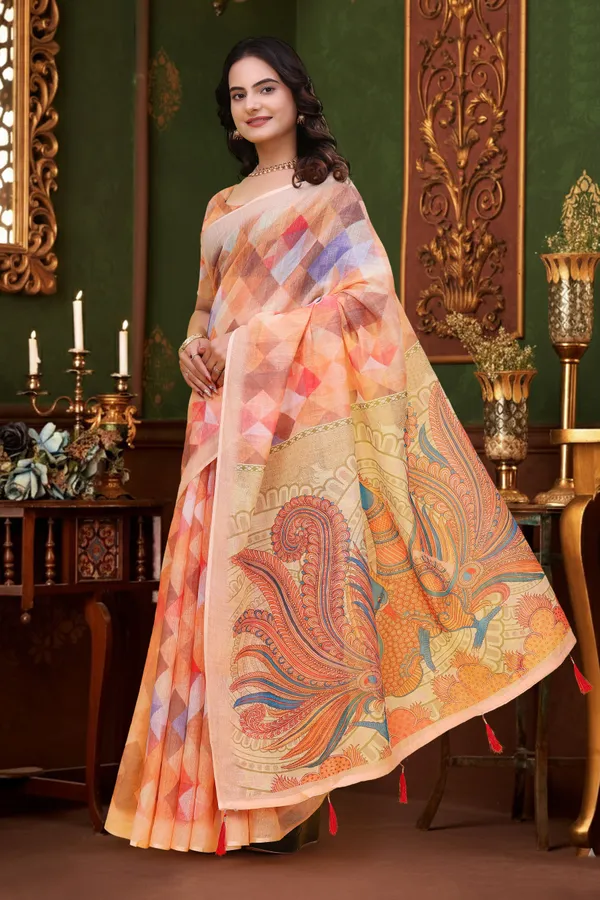 FLUIT_LESVETEMENTS_Geometric_Print_Bollywood_Cotton_Linen_Saree_with_Unstitched_Blouse_(Orange)