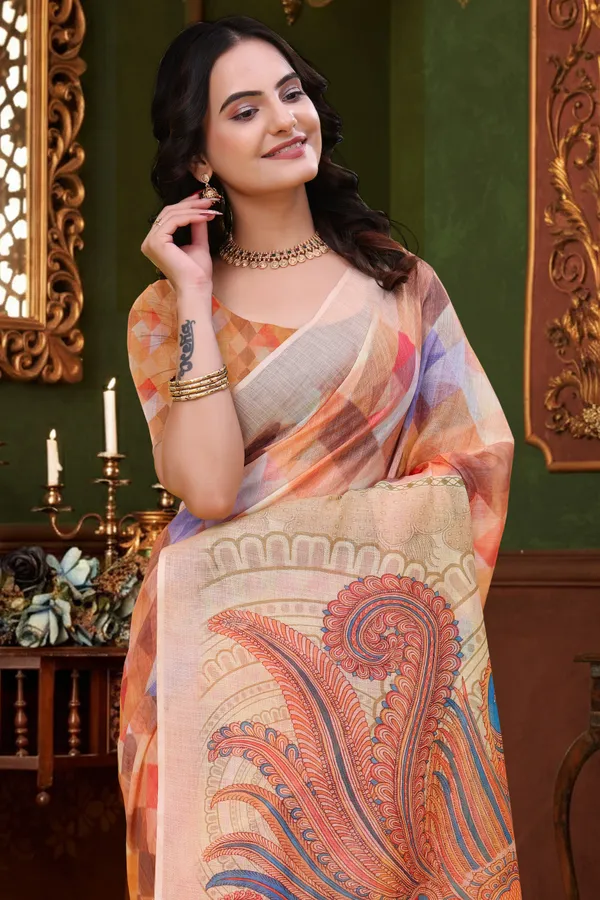 FLUIT_LESVETEMENTS_Geometric_Print_Bollywood_Cotton_Linen_Saree_with_Unstitched_Blouse_(Orange)