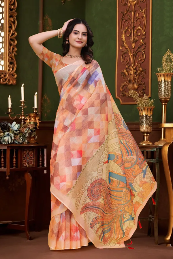FLUIT_LESVETEMENTS_Geometric_Print_Bollywood_Cotton_Linen_Saree_with_Unstitched_Blouse_(Orange)