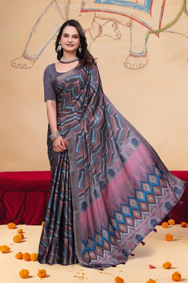 FLUIT_LESVETEMENTS_Printed_Ikkat_Muslin_Saree_with_Unstitched_Blouse_(Grey)