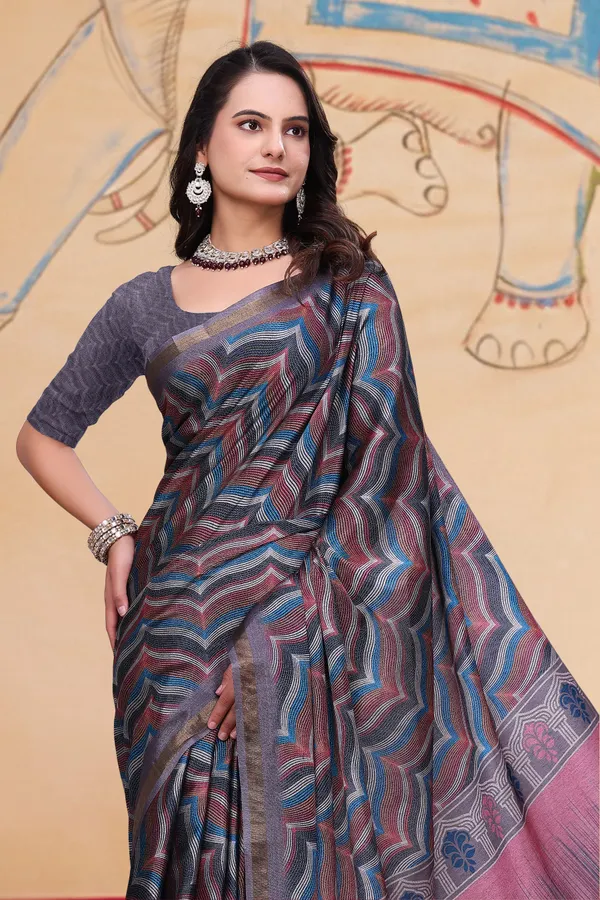 FLUIT_LESVETEMENTS_Printed_Ikkat_Muslin_Saree_with_Unstitched_Blouse_(Grey)