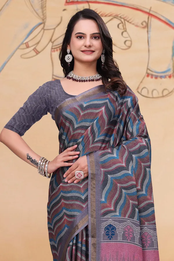 FLUIT_LESVETEMENTS_Printed_Ikkat_Muslin_Saree_with_Unstitched_Blouse_(Grey)