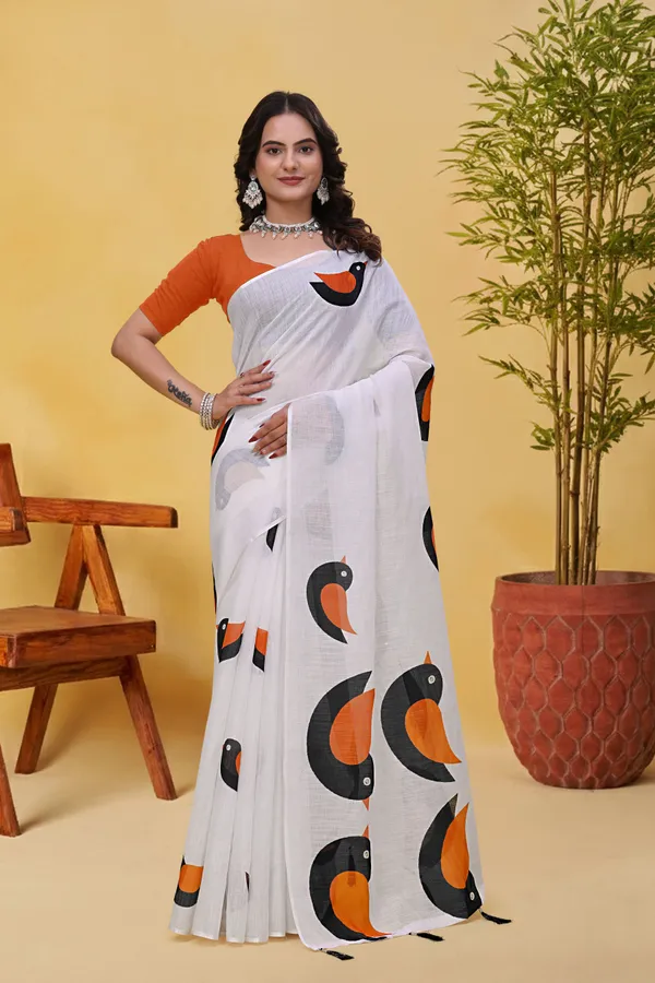 FLUIT_LESVETEMENTS_Geometric_Print_Bollywood_Cotton_Linen_Saree_with_Unstitched_Blouse_(White)