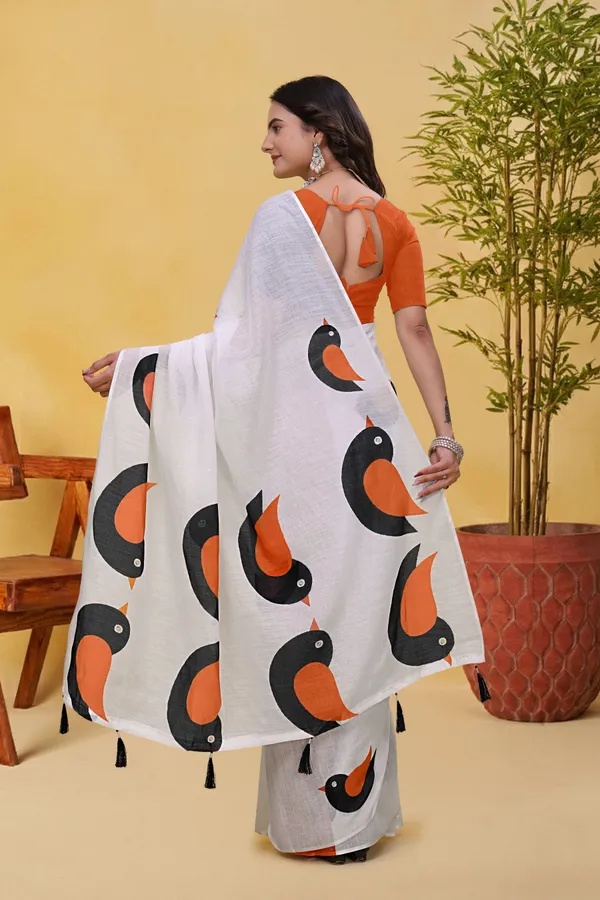 FLUIT_LESVETEMENTS_Geometric_Print_Bollywood_Cotton_Linen_Saree_with_Unstitched_Blouse_(White)
