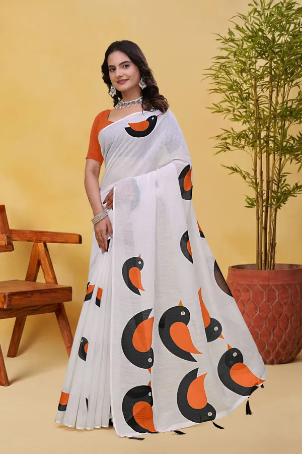 FLUIT_LESVETEMENTS_Geometric_Print_Bollywood_Cotton_Linen_Saree_with_Unstitched_Blouse_(White)