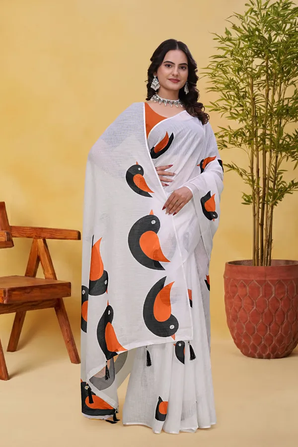 FLUIT_LESVETEMENTS_Geometric_Print_Bollywood_Cotton_Linen_Saree_with_Unstitched_Blouse_(White)