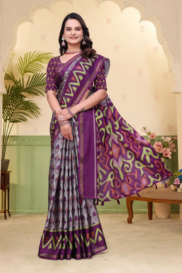 FLUIT_LESVETEMENTS_Printed_Ikkat_Muslin_Saree_with_Unstitched_Blouse_(Grey)