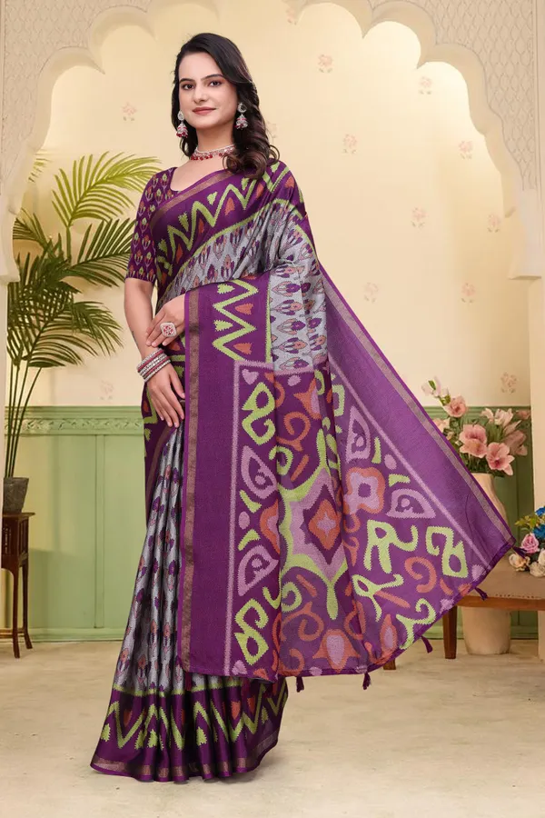 FLUIT_LESVETEMENTS_Printed_Ikkat_Muslin_Saree_with_Unstitched_Blouse_(Grey)