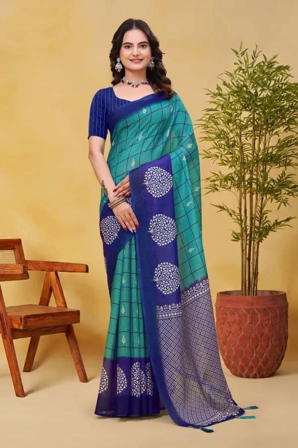 FLUIT_LESVETEMENTS_Geometric_Print_Bollywood_Cotton_Linen_Saree_with_Unstitched_Blouse_(Green)