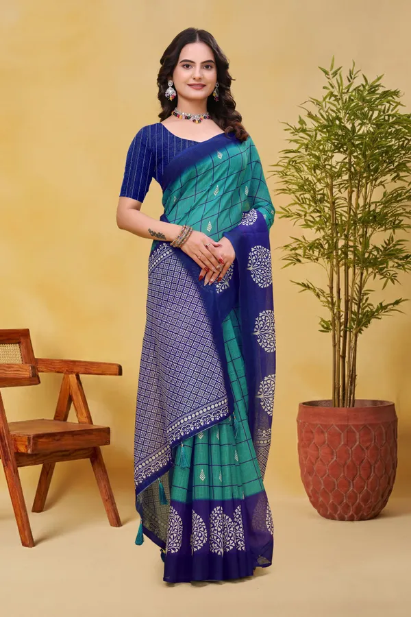 FLUIT_LESVETEMENTS_Geometric_Print_Bollywood_Cotton_Linen_Saree_with_Unstitched_Blouse_(Green)