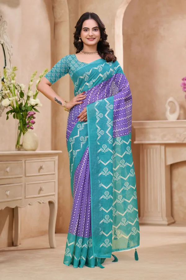 FLUIT_LESVETEMENTS_Geometric_Print_Bollywood_Cotton_Linen_Saree_with_Unstitched_Blouse_(Green)