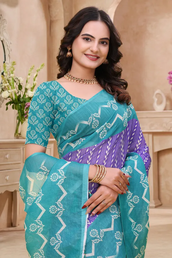 FLUIT_LESVETEMENTS_Geometric_Print_Bollywood_Cotton_Linen_Saree_with_Unstitched_Blouse_(Green)