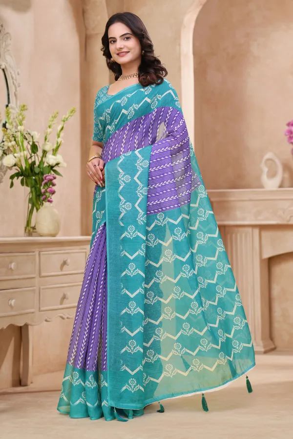 FLUIT_LESVETEMENTS_Geometric_Print_Bollywood_Cotton_Linen_Saree_with_Unstitched_Blouse_(Green)