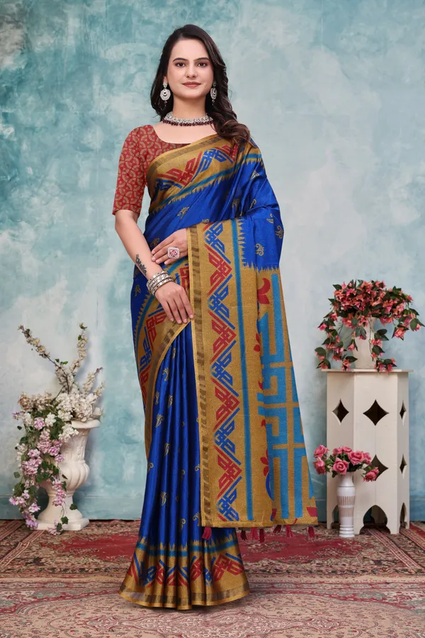 FLUIT_LESVETEMENTS_Printed_Ikkat_Muslin_Saree_with_Unstitched_Blouse_(Blue)