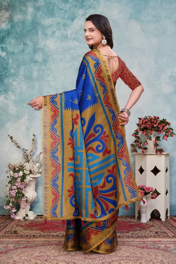 FLUIT_LESVETEMENTS_Printed_Ikkat_Muslin_Saree_with_Unstitched_Blouse_(Blue)