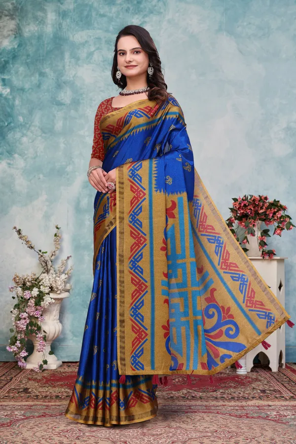 FLUIT_LESVETEMENTS_Printed_Ikkat_Muslin_Saree_with_Unstitched_Blouse_(Blue)