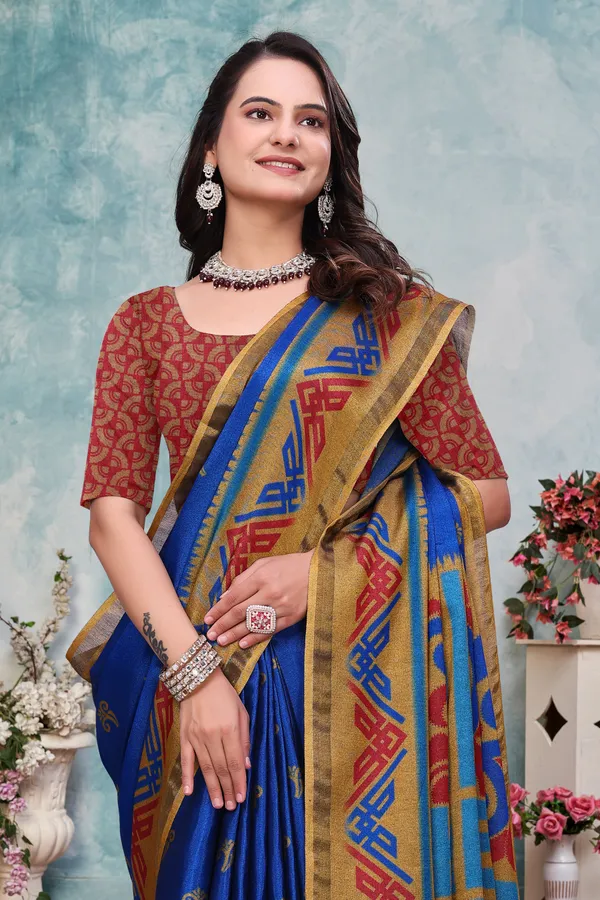 FLUIT_LESVETEMENTS_Printed_Ikkat_Muslin_Saree_with_Unstitched_Blouse_(Blue)