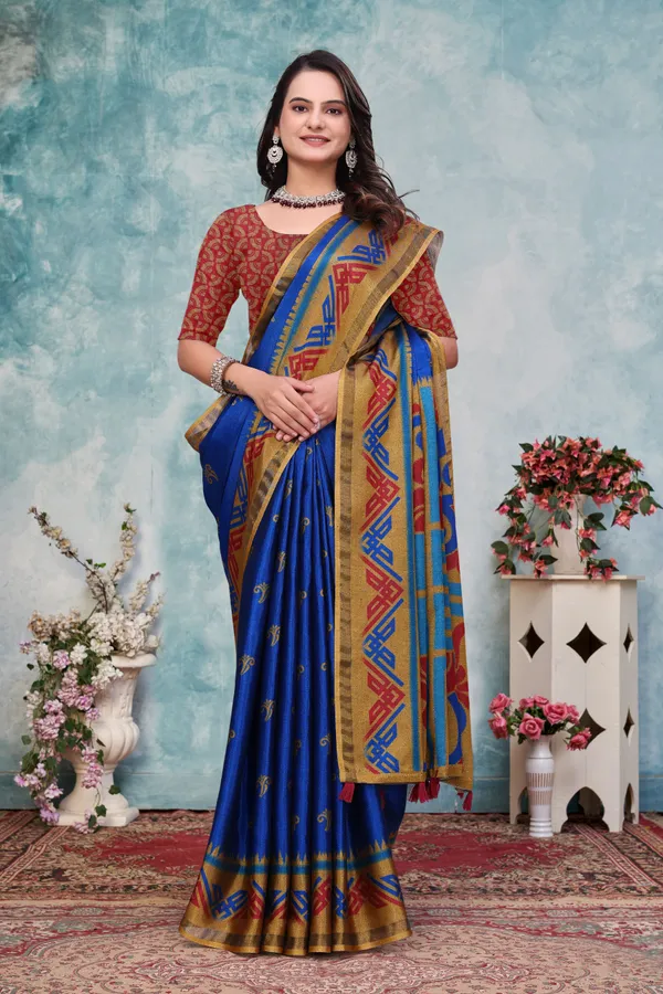 FLUIT_LESVETEMENTS_Printed_Ikkat_Muslin_Saree_with_Unstitched_Blouse_(Blue)