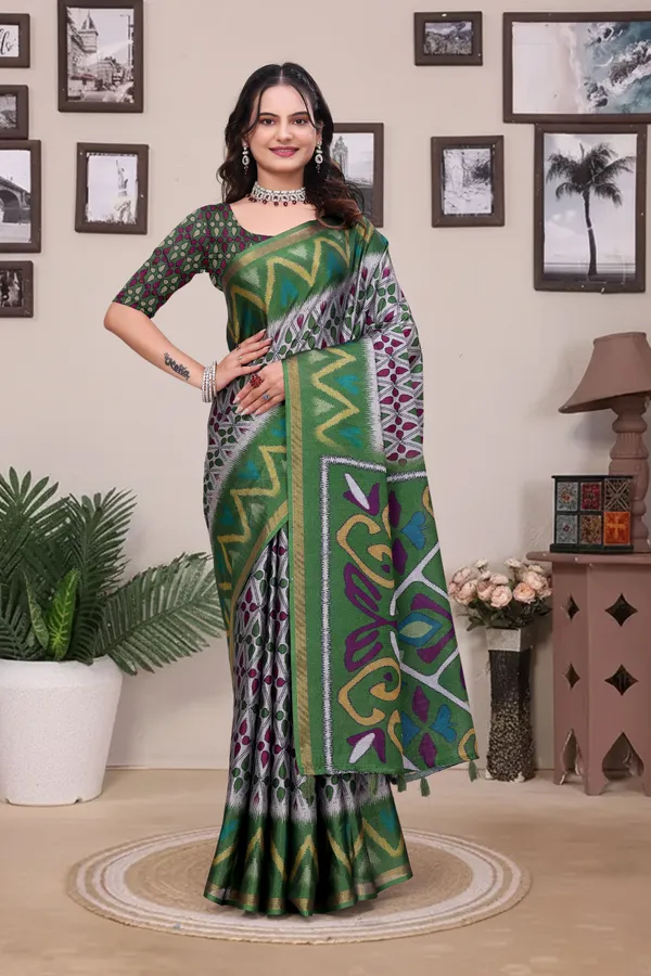 FLUIT_LESVETEMENTS_Printed_Ikkat_Muslin_Saree_with_Unstitched_Blouse_(Light_Green)