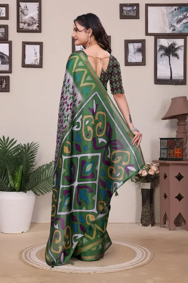 FLUIT_LESVETEMENTS_Printed_Ikkat_Muslin_Saree_with_Unstitched_Blouse_(Light_Green)
