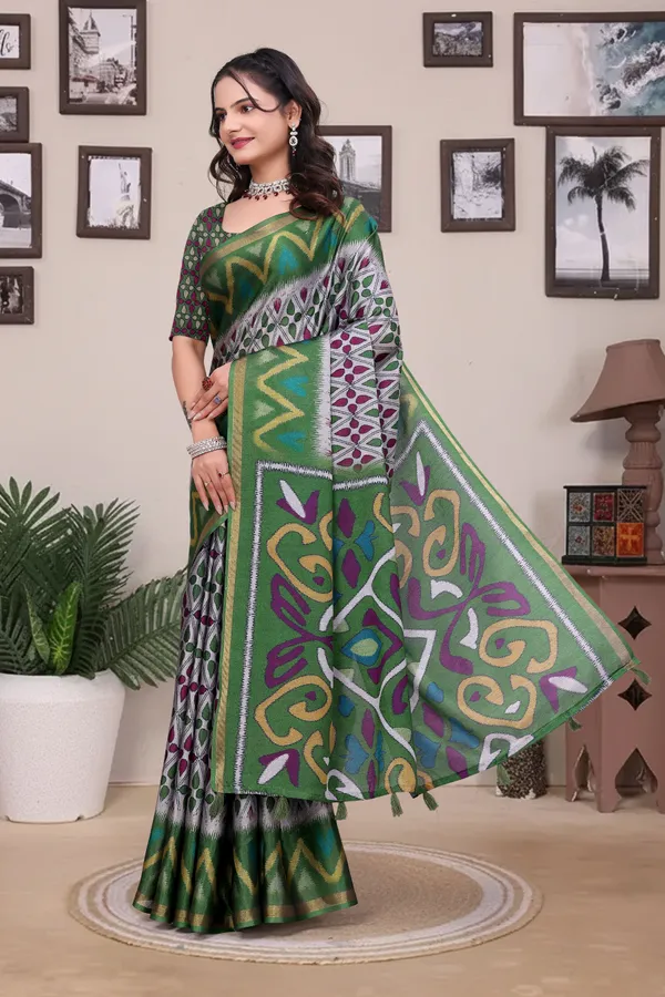 FLUIT_LESVETEMENTS_Printed_Ikkat_Muslin_Saree_with_Unstitched_Blouse_(Light_Green)