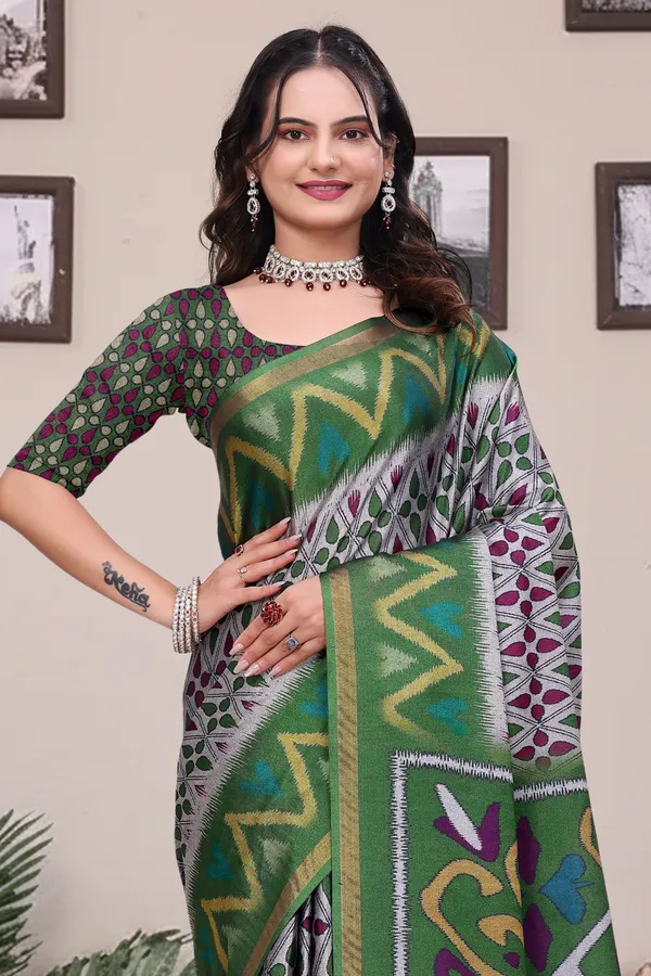 FLUIT_LESVETEMENTS_Printed_Ikkat_Muslin_Saree_with_Unstitched_Blouse_(Light_Green)