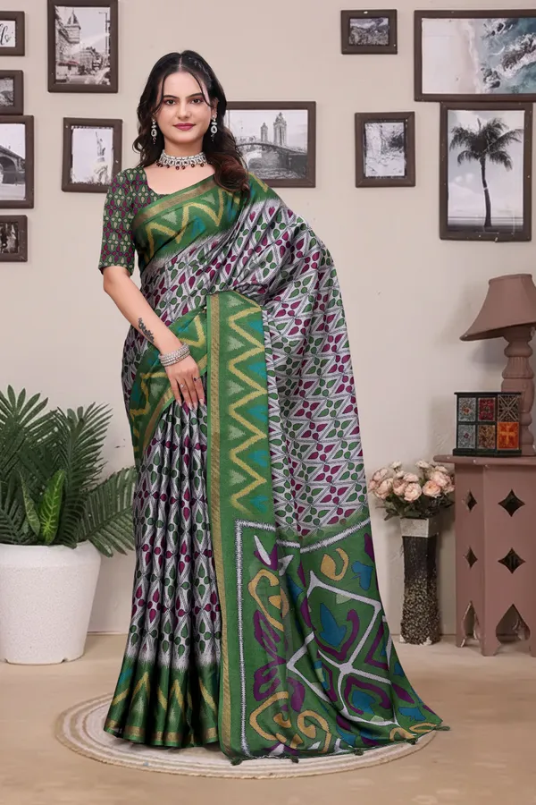 FLUIT_LESVETEMENTS_Printed_Ikkat_Muslin_Saree_with_Unstitched_Blouse_(Light_Green)
