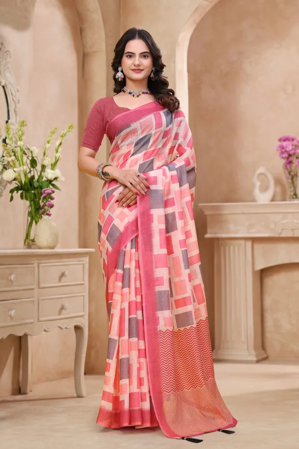 FLUIT_LESVETEMENTS_Geometric_Print_Bollywood_Cotton_Linen_Saree_with_Unstitched_Blouse_(Pink)