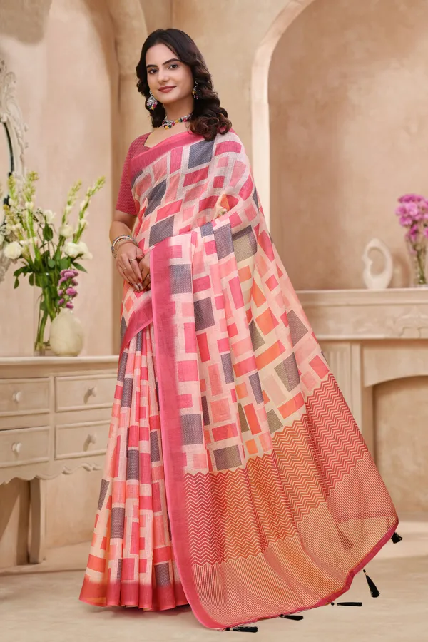 FLUIT_LESVETEMENTS_Geometric_Print_Bollywood_Cotton_Linen_Saree_with_Unstitched_Blouse_(Pink)