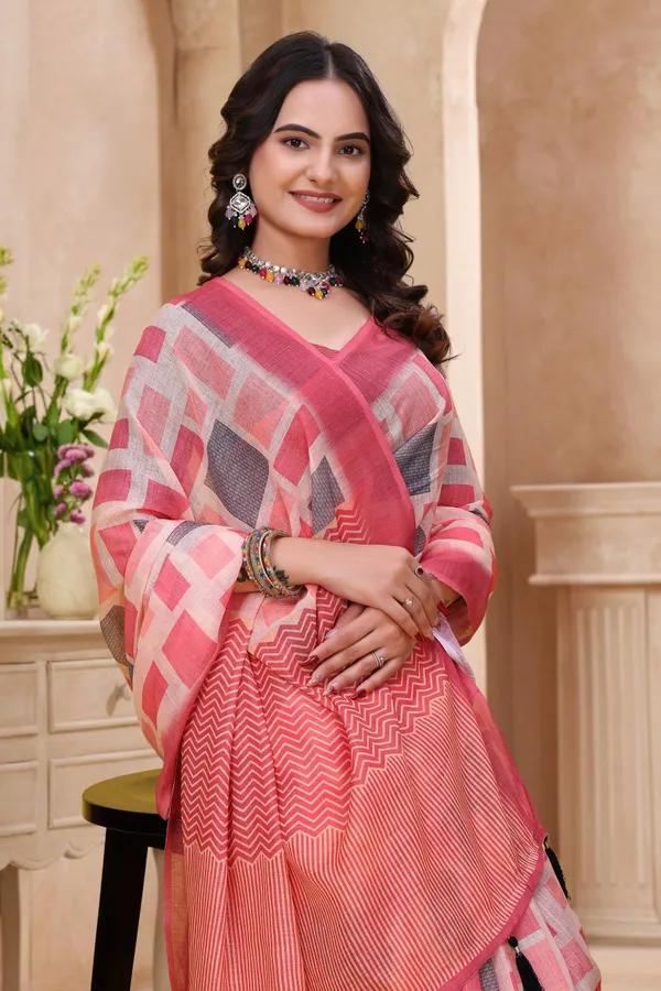 FLUIT_LESVETEMENTS_Geometric_Print_Bollywood_Cotton_Linen_Saree_with_Unstitched_Blouse_(Pink)