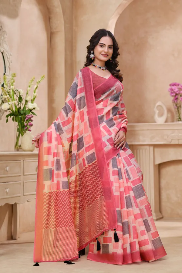 FLUIT_LESVETEMENTS_Geometric_Print_Bollywood_Cotton_Linen_Saree_with_Unstitched_Blouse_(Pink)