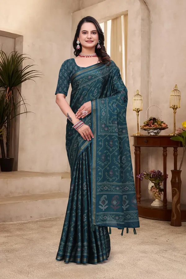 FLUIT_LESVETEMENTS_Floral_Print_Ikkat_Cotton_Blend_Saree_with_Unstitched_Blouse_(Dark_Green)
