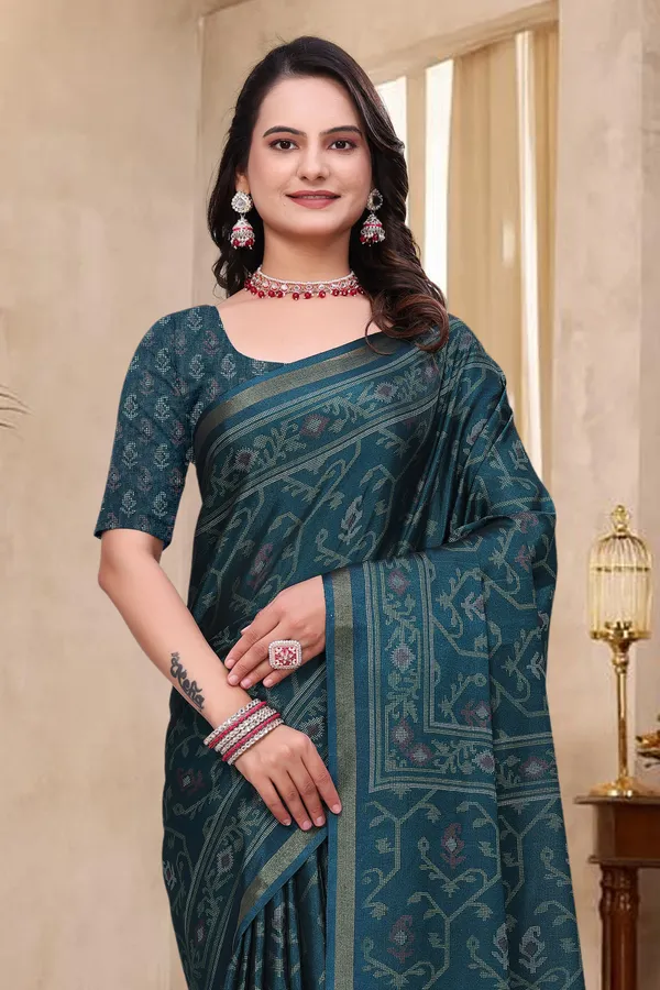 FLUIT_LESVETEMENTS_Floral_Print_Ikkat_Cotton_Blend_Saree_with_Unstitched_Blouse_(Dark_Green)