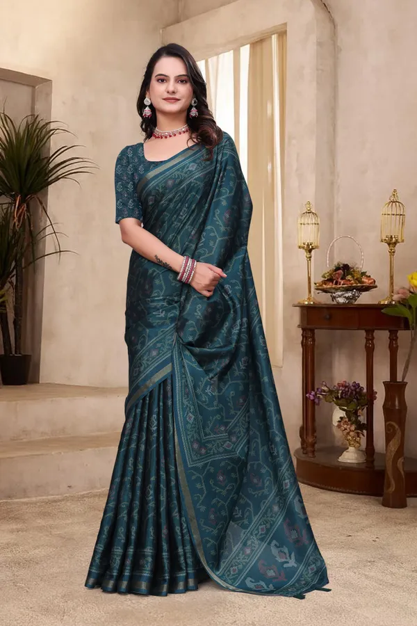 FLUIT_LESVETEMENTS_Floral_Print_Ikkat_Cotton_Blend_Saree_with_Unstitched_Blouse_(Dark_Green)