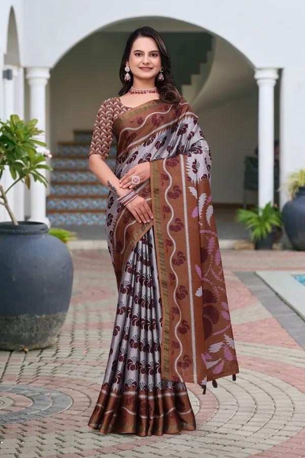 FLUIT_LESVETEMENTS_Floral_Print_Ikkat_Muslin_Saree_with_Unstitched_Blouse_(Grey)