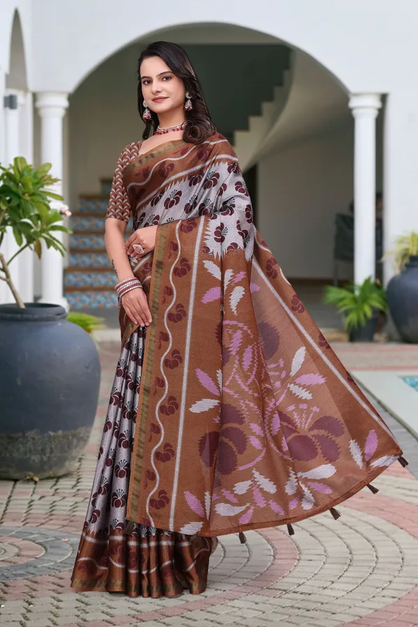 FLUIT_LESVETEMENTS_Floral_Print_Ikkat_Muslin_Saree_with_Unstitched_Blouse_(Grey)