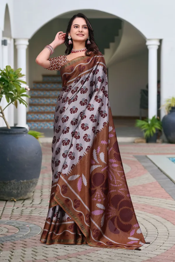 FLUIT_LESVETEMENTS_Floral_Print_Ikkat_Muslin_Saree_with_Unstitched_Blouse_(Grey)